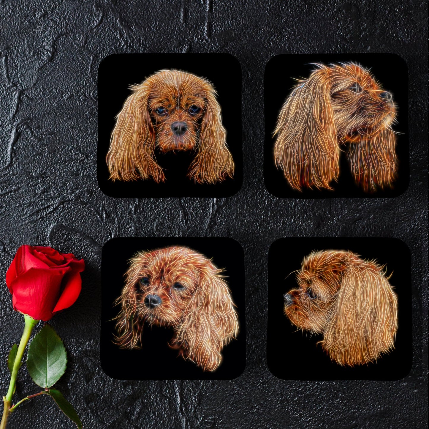 Ruby King Charles Spaniel Coasters, Set of 4, with Fractal Art Design