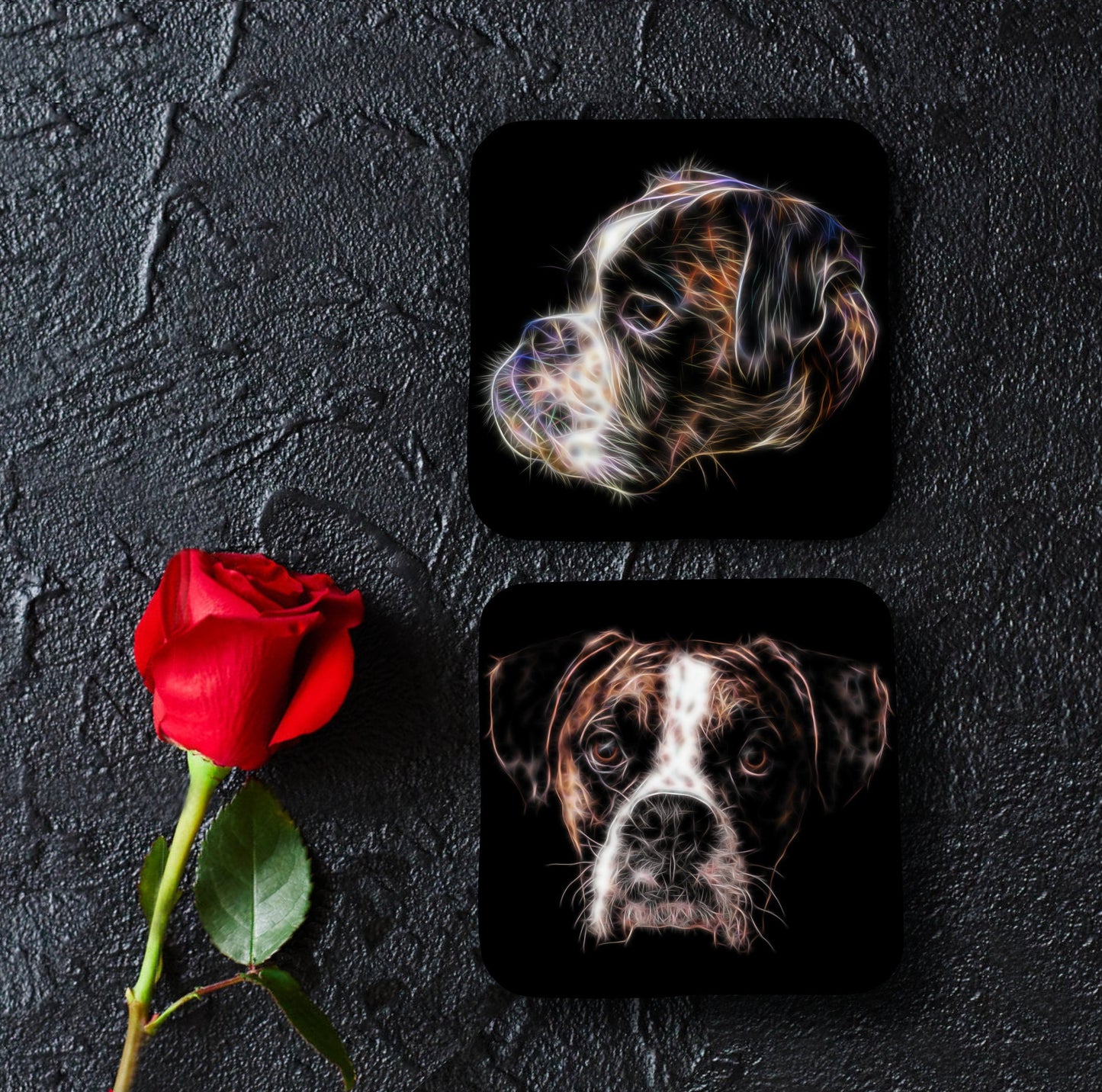 Boxer Dog Coasters, Set of 2, with Stunning Fractal Art Design.