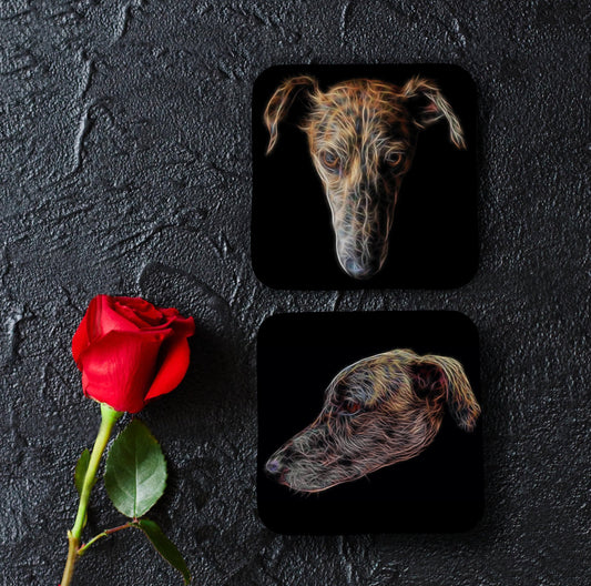 Brindle Lurcher Coasters, Set of 2, with Stunning Fractal Art Design.