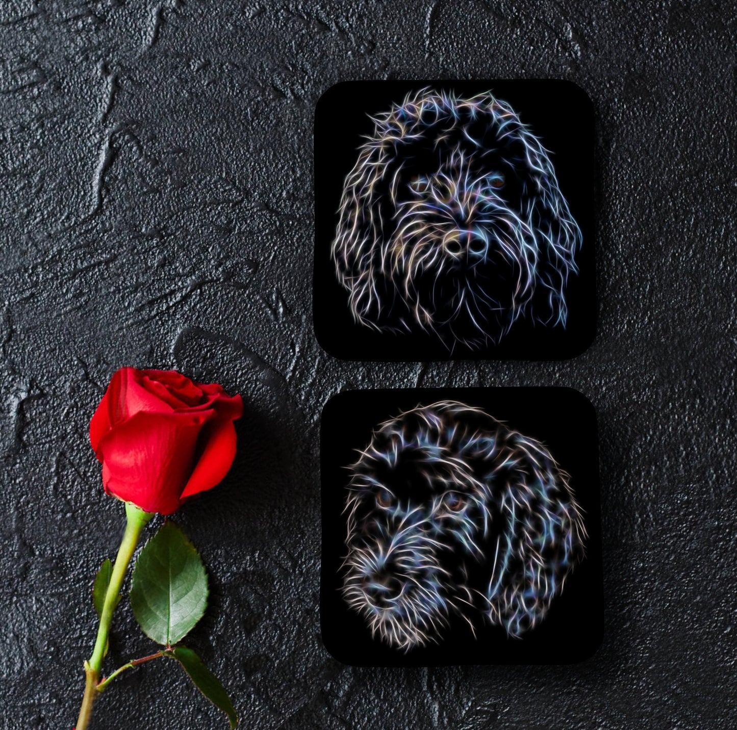 Black Cockapoo Coasters, Set of 2, with Stunning Fractal Art Design.