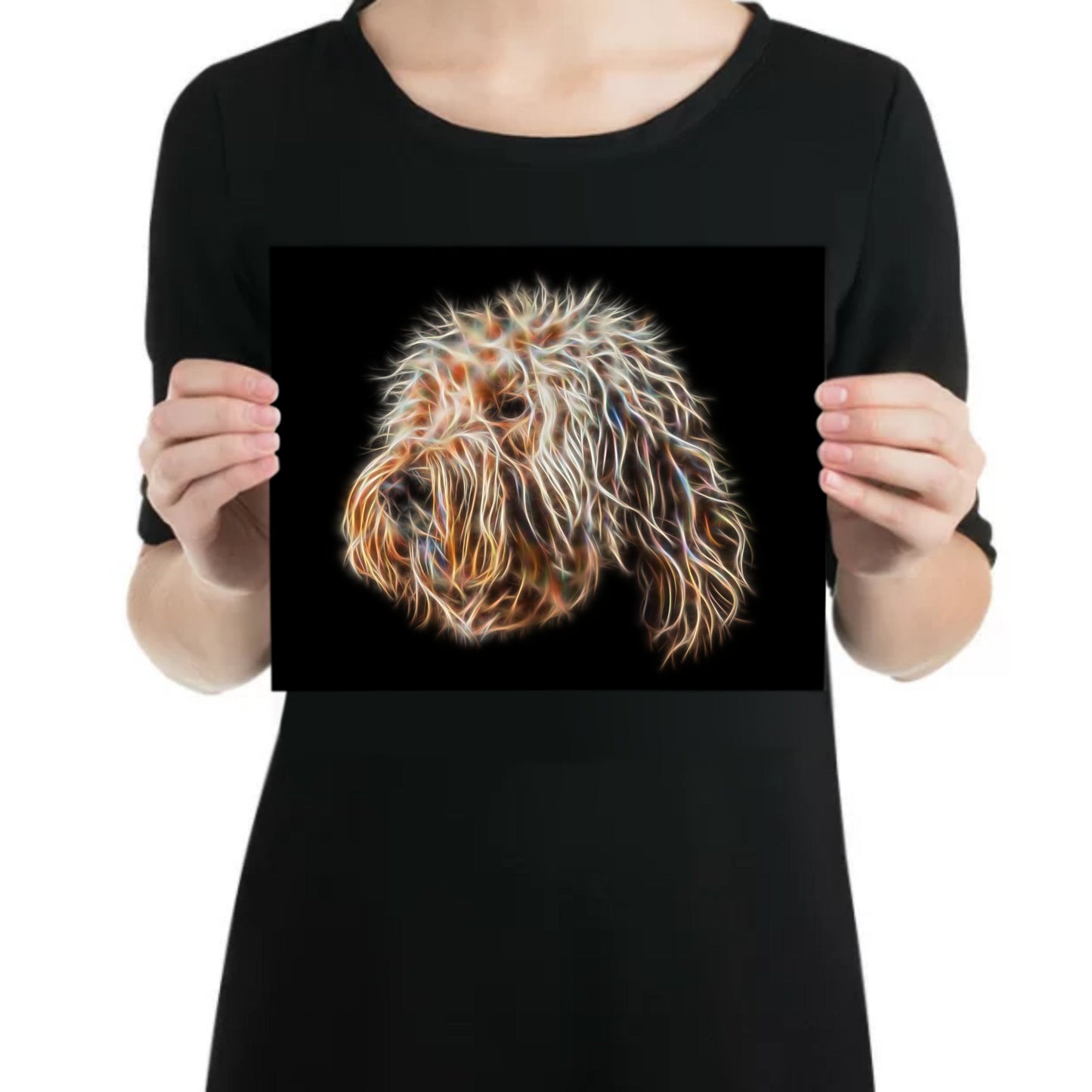 Gold Labradoodle Metal Wall Plaque with Stunning Fractal Art Design.