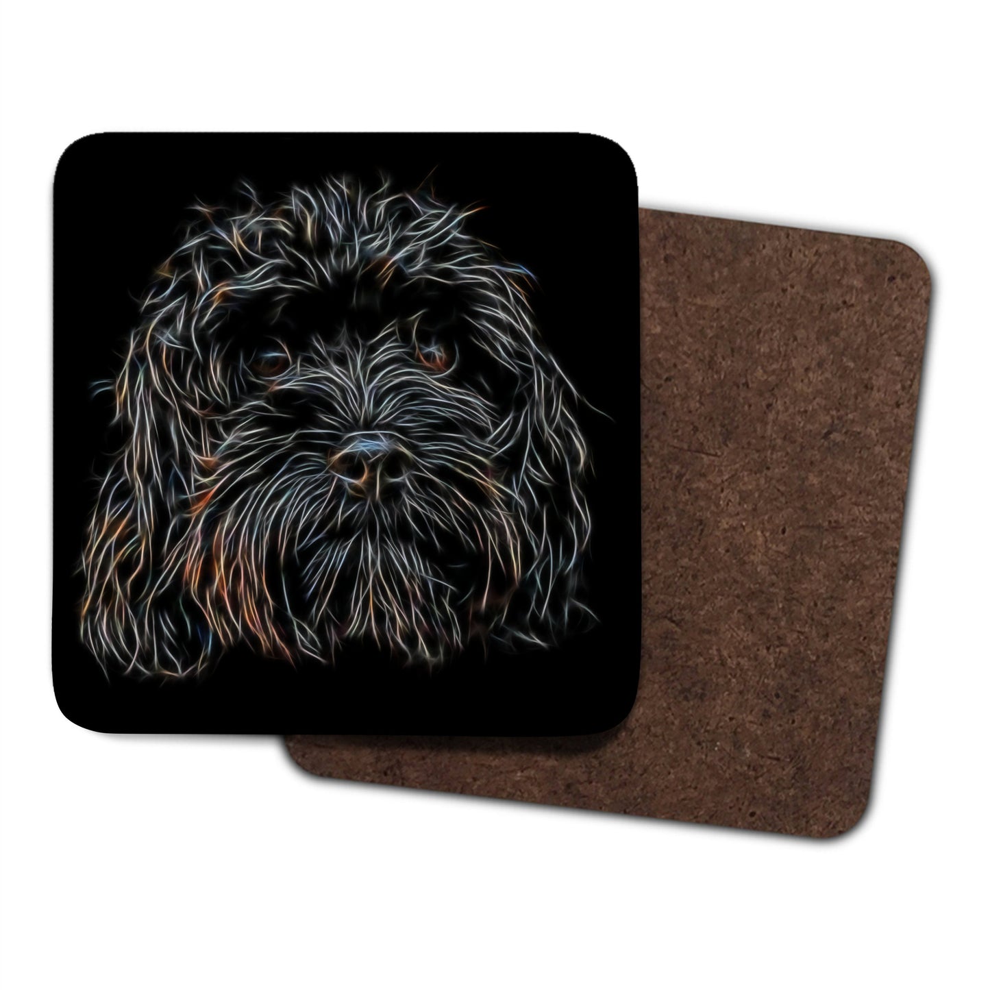 Black Cavapoo Coasters, Set of 2, with Stunning Fractal Art Design.