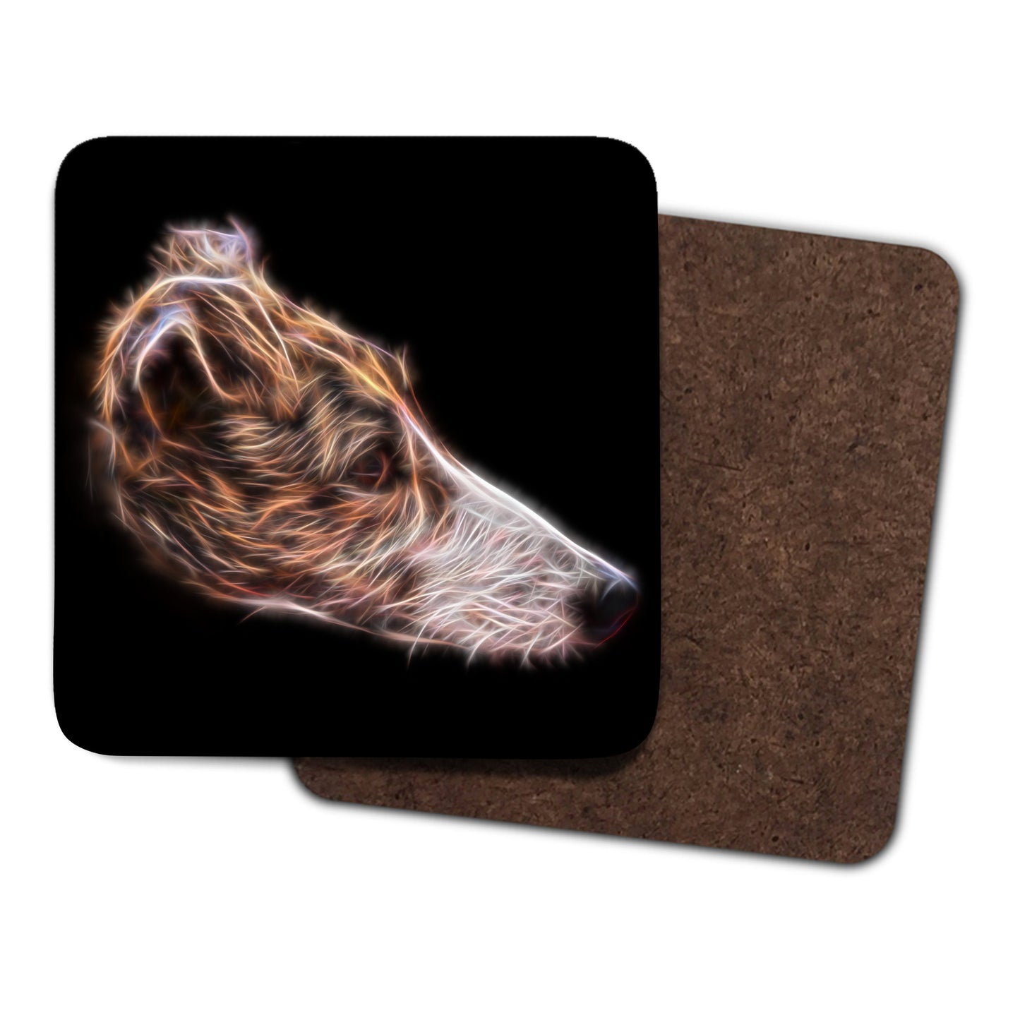 Brindle and White Greyhound Dog Coasters, Set of 2, with Stunning Fractal Art Design.