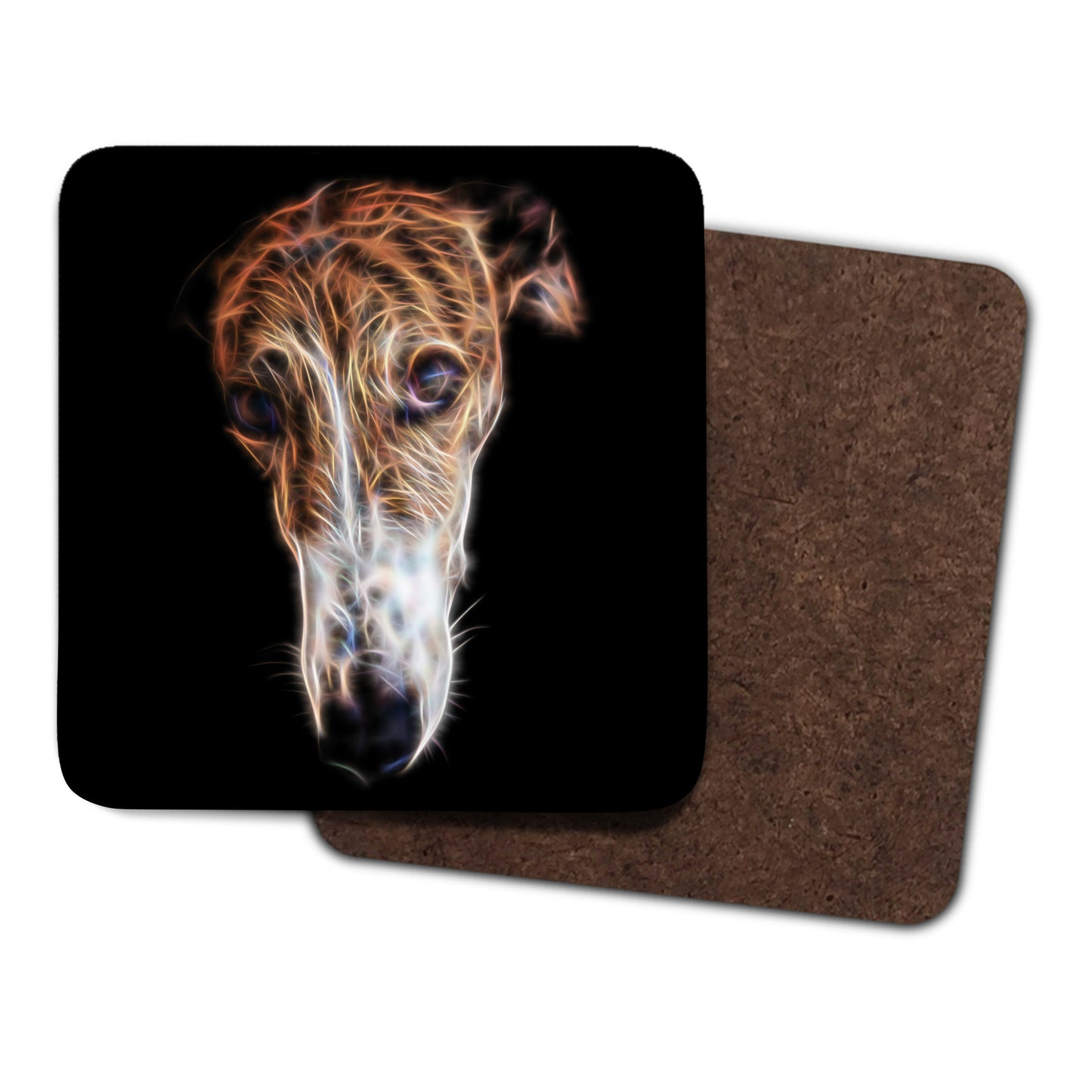 Brindle and White Greyhound Dog Coasters, Set of 2, with Stunning Fractal Art Design.