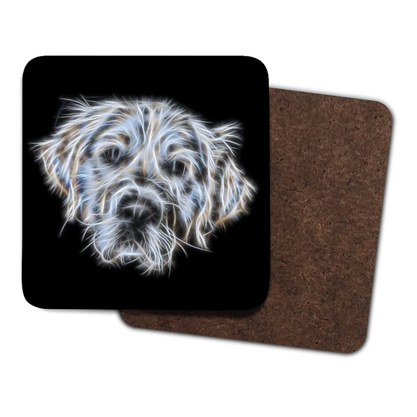 Golden Retriever Dog Coasters, Set of 2, with Stunning Fractal Art Design. Light Cream Golden Retriever