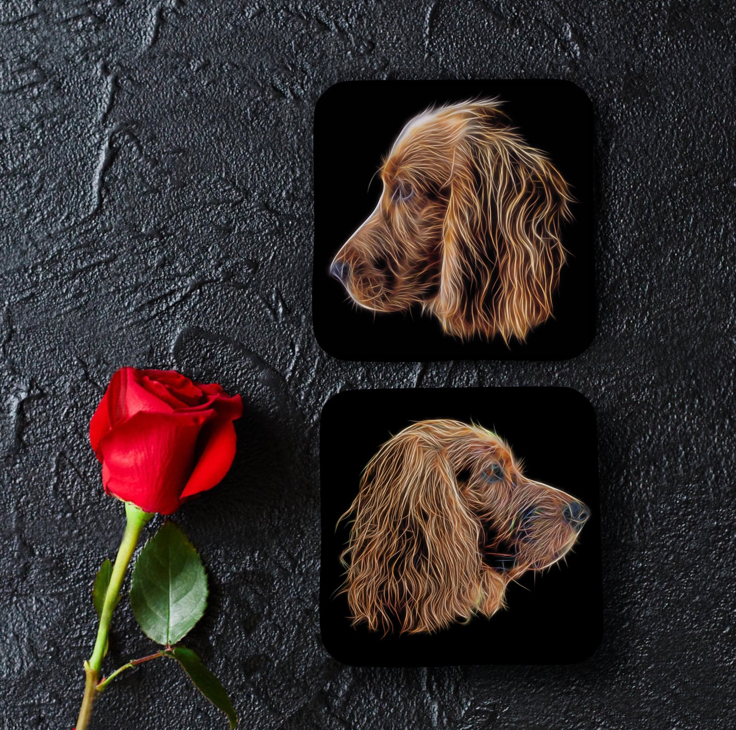 Red Working Cocker Spaniel Coasters, Set of 2, with Stunning Fractal Art Design.