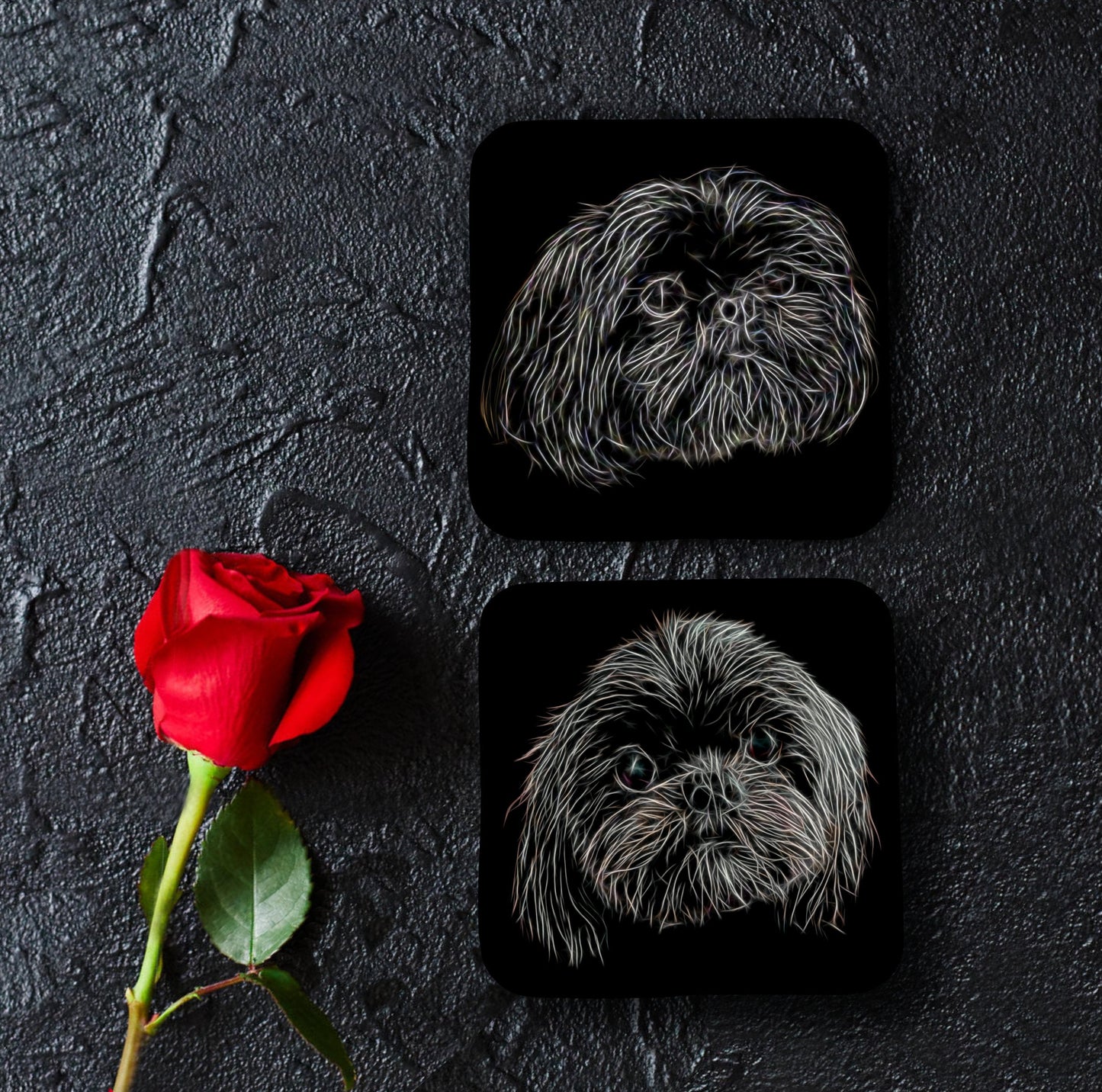Black Shih Tzu Coasters, Set of 2, with Fractal Art Design, Perfect Shih Tzu Owner Gift