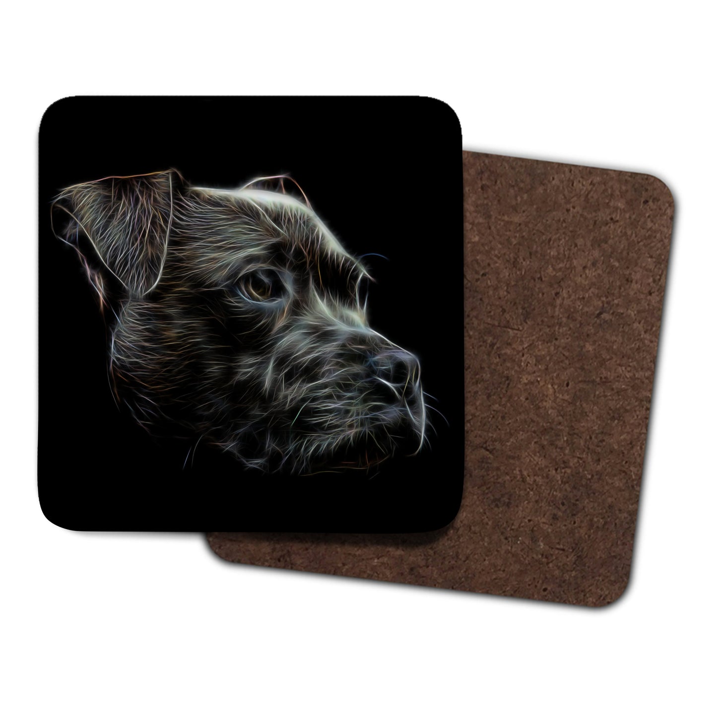 Black Staffordshire Bull Terrier Coasters, Set of 2, with Stunning Fractal Art Design. Perfect Dog Owner Gift.