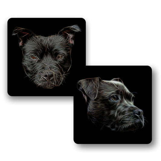 Black Staffordshire Bull Terrier Coasters, Set of 2, with Stunning Fractal Art Design. Perfect Dog Owner Gift.