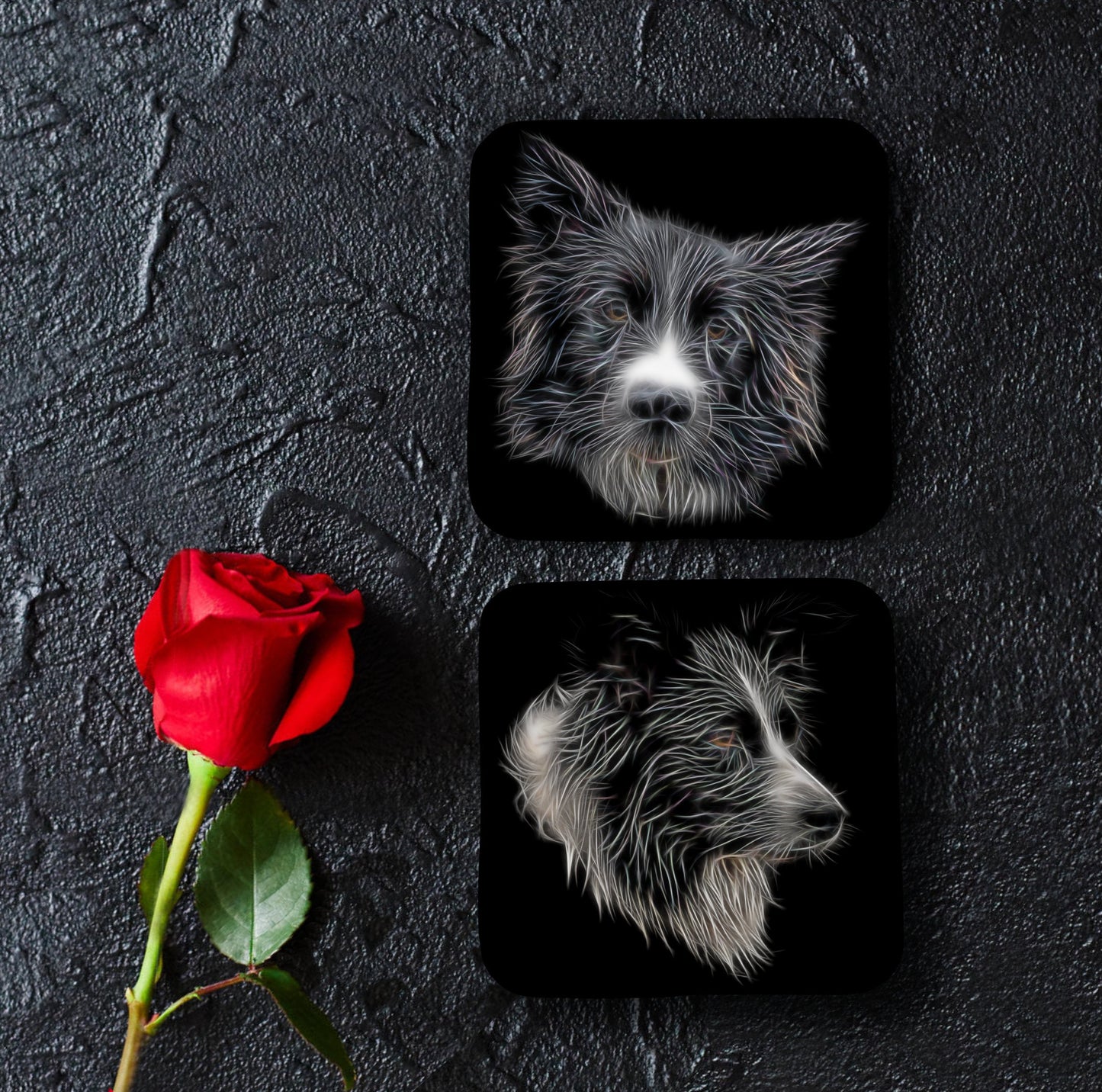 Border Collie Coasters, Set of 2, with Stunning Fractal Art Design. Perfect Border Collie Owner Gift.