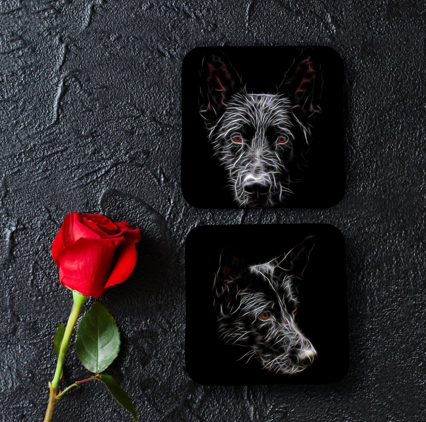 Black German Shepherd Coasters, Set of 2, with Stunning Fractal Art Design. Perfect Dog Lover Gift.