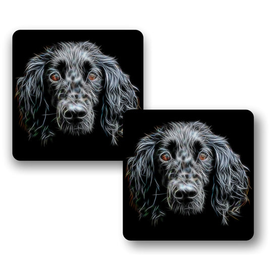 Black Working Cocker Spaniel Coasters, Set of 2, with Stunning Fractal Art Design.