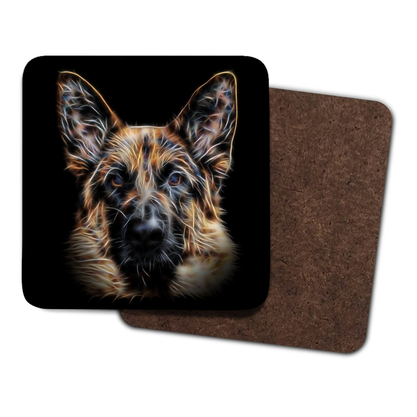 Black & Tan German Shepherd Coasters, Set of 2, with Stunning Fractal Art Design. Perfect Dog Lover Gift.