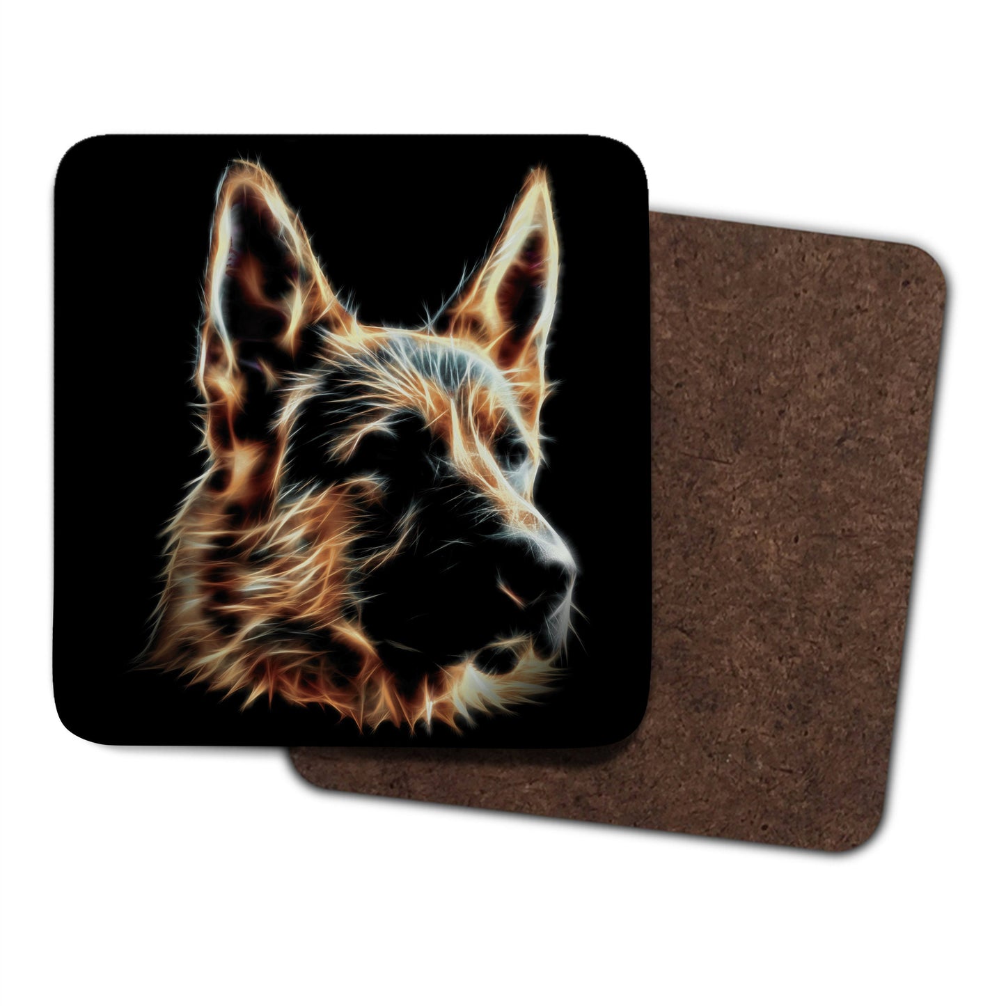 Black & Tan German Shepherd Coasters, Set of 2, with Stunning Fractal Art Design. Perfect Dog Lover Gift.