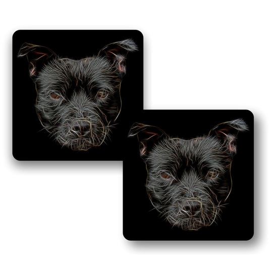 Black Staffordshire Bull Terrier Coasters, Set of 2, with Stunning Fractal Art Design. Perfect Dog Owner Gift.