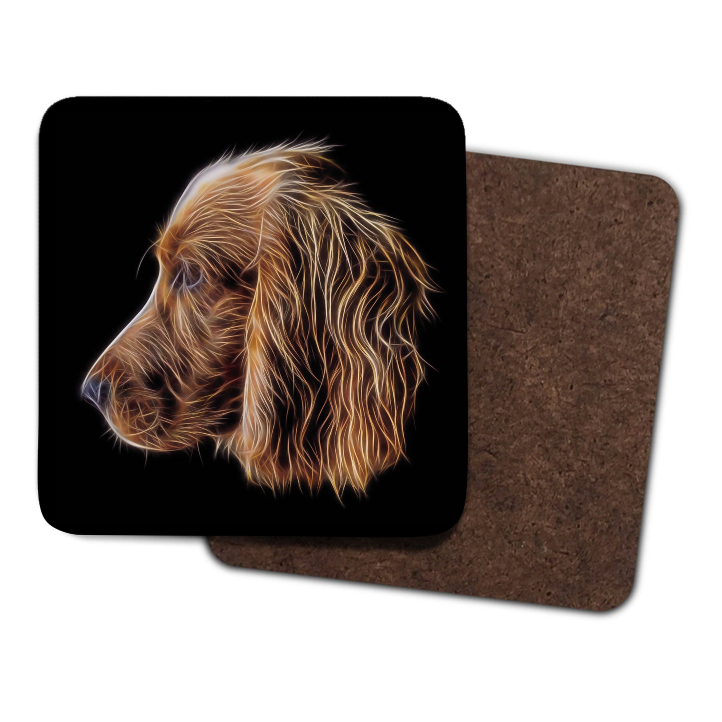 Red Working Cocker Spaniel Coasters, Set of 2, with Stunning Fractal Art Design.