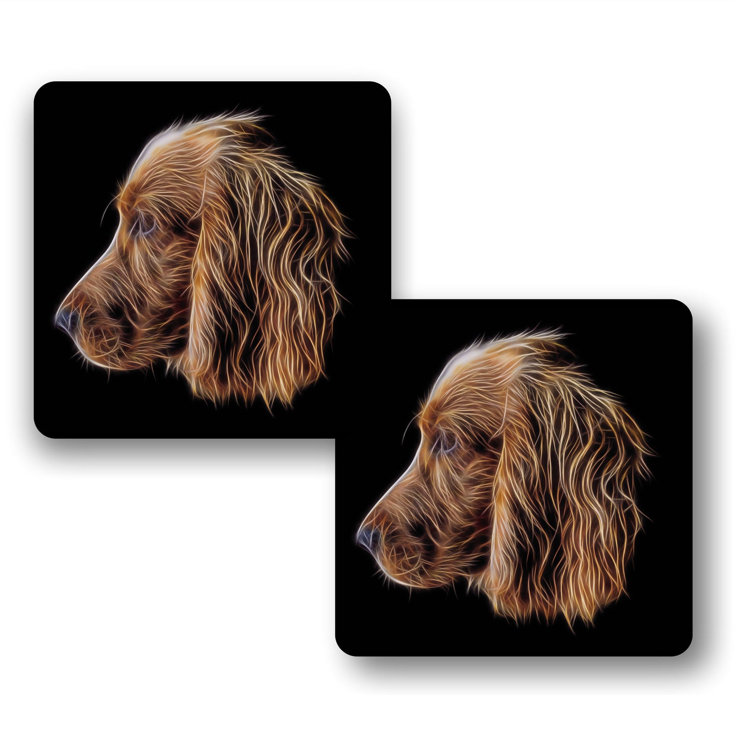 Red Working Cocker Spaniel Coasters, Set of 2, with Stunning Fractal Art Design.