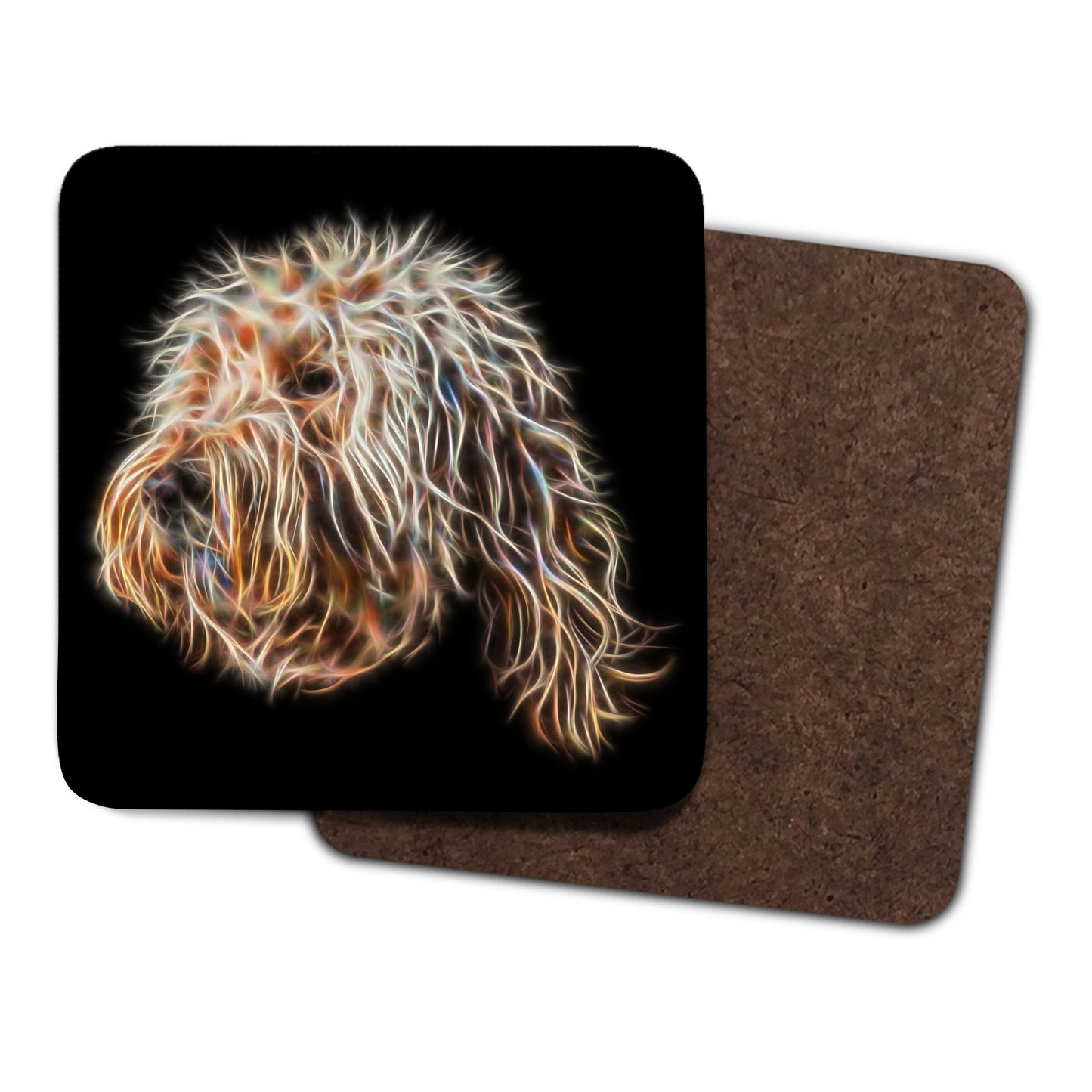 Gold Labradoodle Coasters, Set of 2, with Stunning Fractal Art Design
