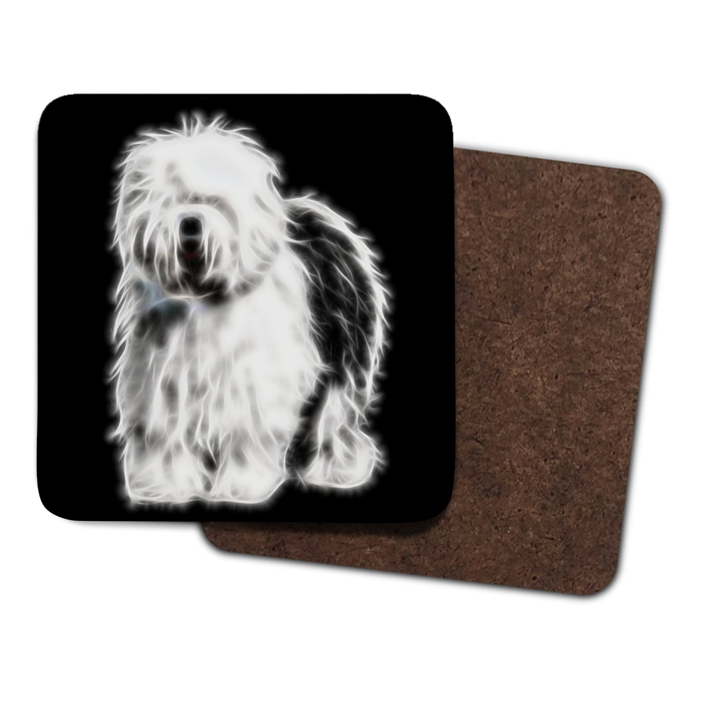 Old English Sheepdog Coasters, Set of 2, with Stunning Fractal Art Design.