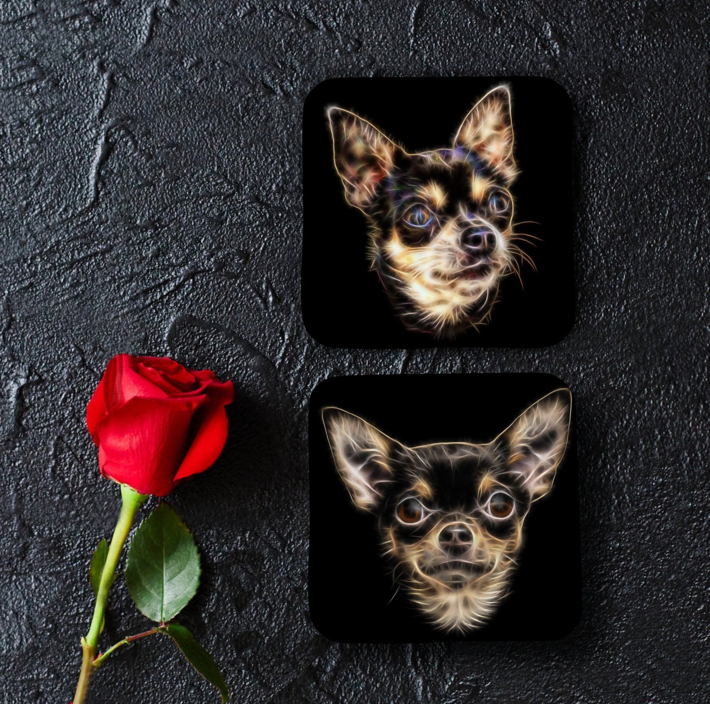 Chihuahua Coasters, Set of 2, with Fractal Art Design. Chocolate and Tan.