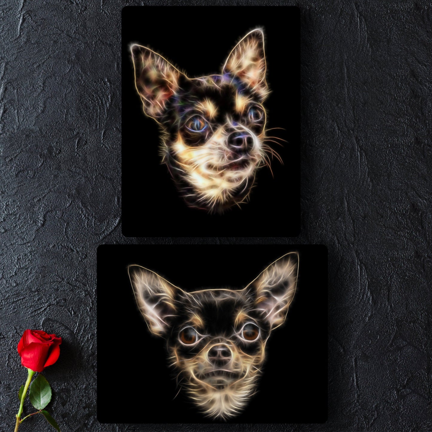 Short Haired Chocolate and Tan Chihuahua Metal Wall Plaque with Fractal Art Design.