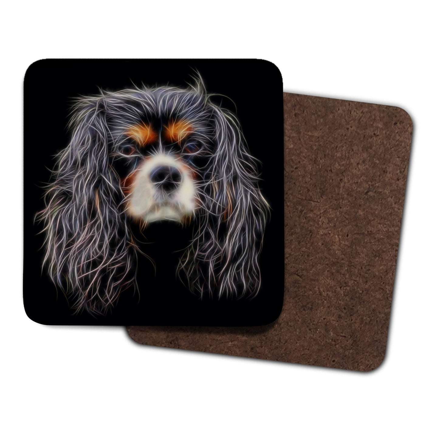 Tricolour King Charles Spaniel Coasters, Set of 2, with Fractal Art Design