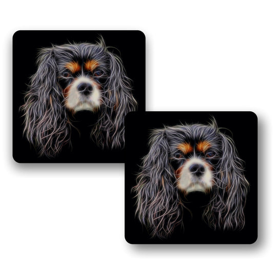 Tricolour King Charles Spaniel Coasters, Set of 2, with Fractal Art Design