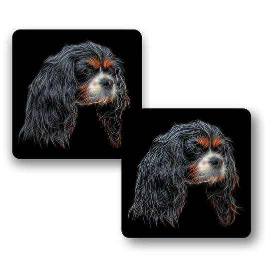 Tricolour King Charles Spaniel Coasters, Set of 2, with Fractal Art Design