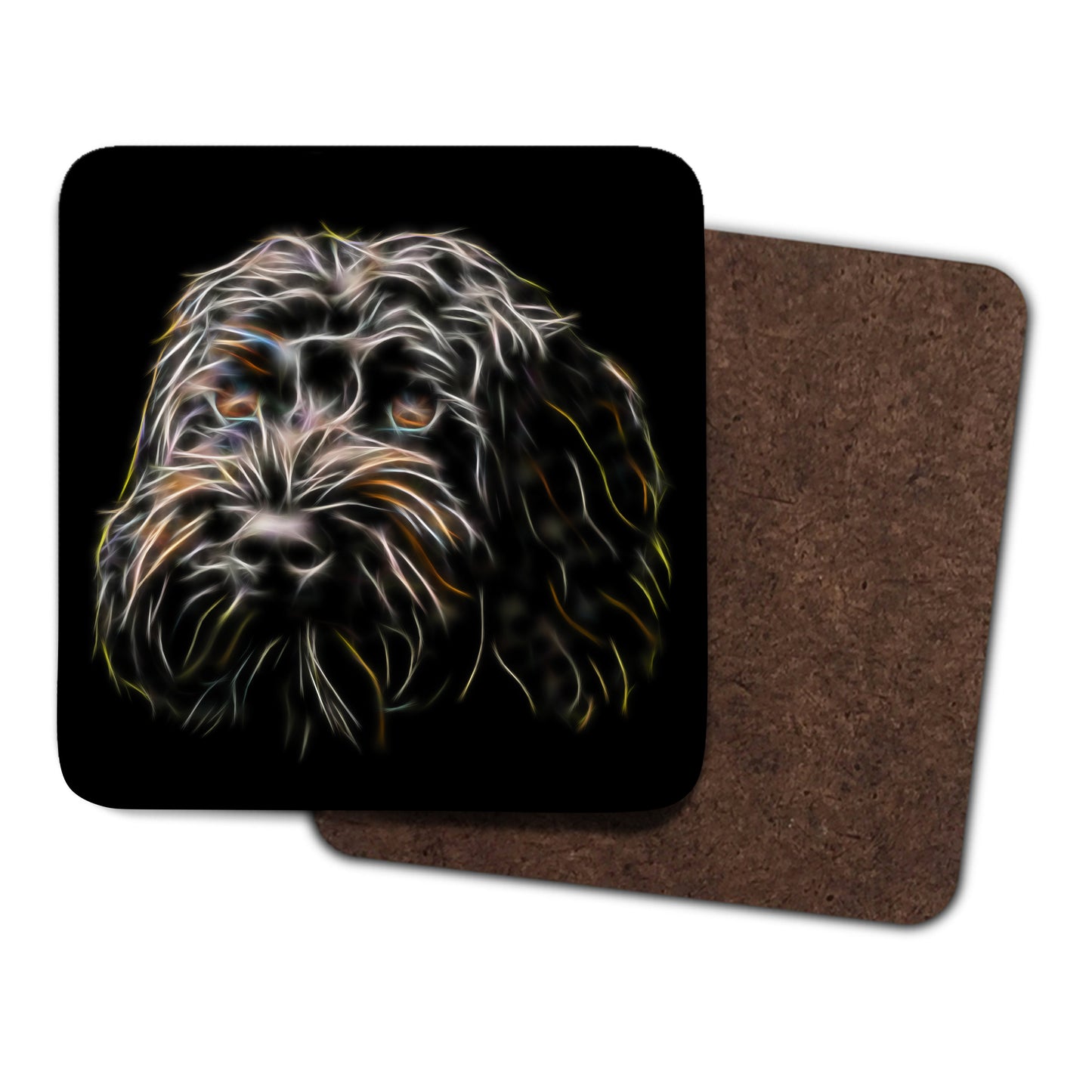 Black Labradoodle Coasters, Set of 2, with Stunning Fractal Art Design
