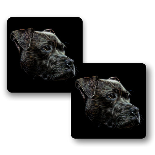 Black Staffordshire Bull Terrier Coasters, Set of 2, with Stunning Fractal Art Design. Perfect Dog Owner Gift.