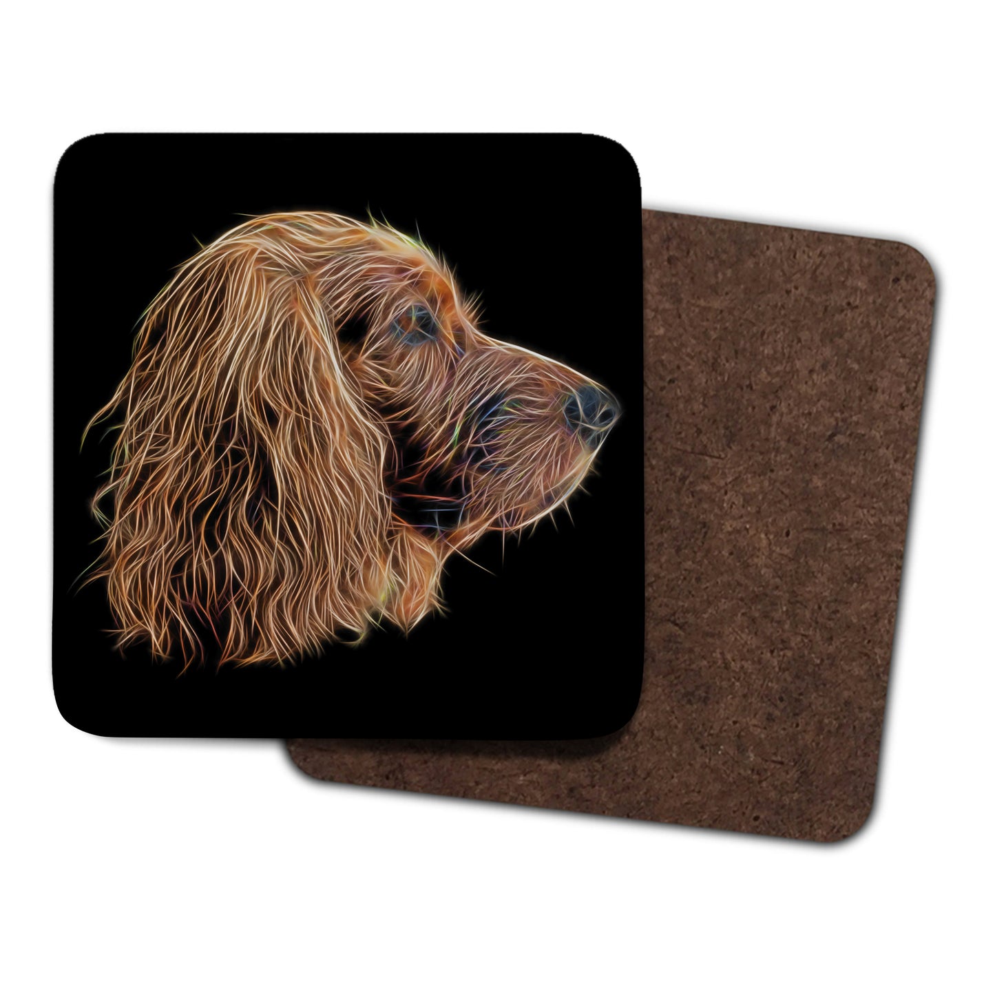 Red Working Cocker Spaniel Coasters, Set of 2, with Stunning Fractal Art Design.