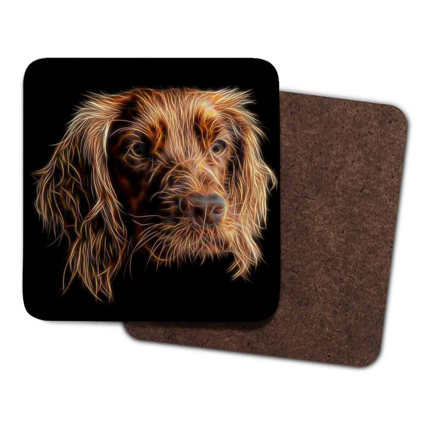 Red Working Cocker Spaniel Coasters, Set of 2, with Stunning Fractal Art Design.