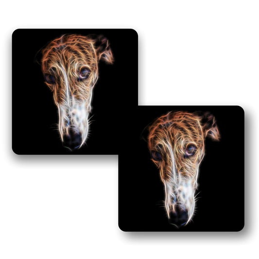 Brindle and White Greyhound Dog Coasters, Set of 2, with Stunning Fractal Art Design.