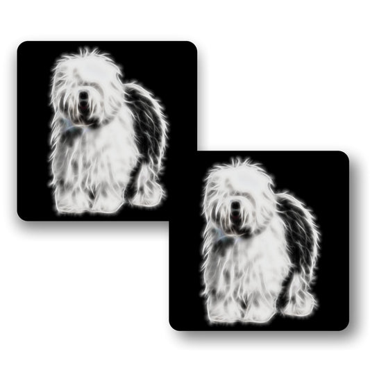 Old English Sheepdog Coasters, Set of 2, with Stunning Fractal Art Design.