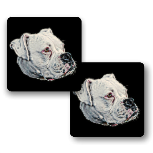 White Boxer Dog Coasters, Set of 2, with Stunning Fractal Art Design.