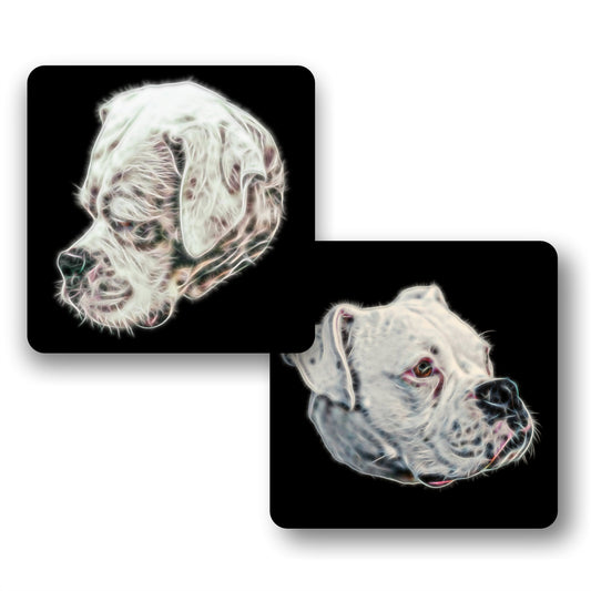 White Boxer Dog Coasters, Set of 2, with Stunning Fractal Art Design.
