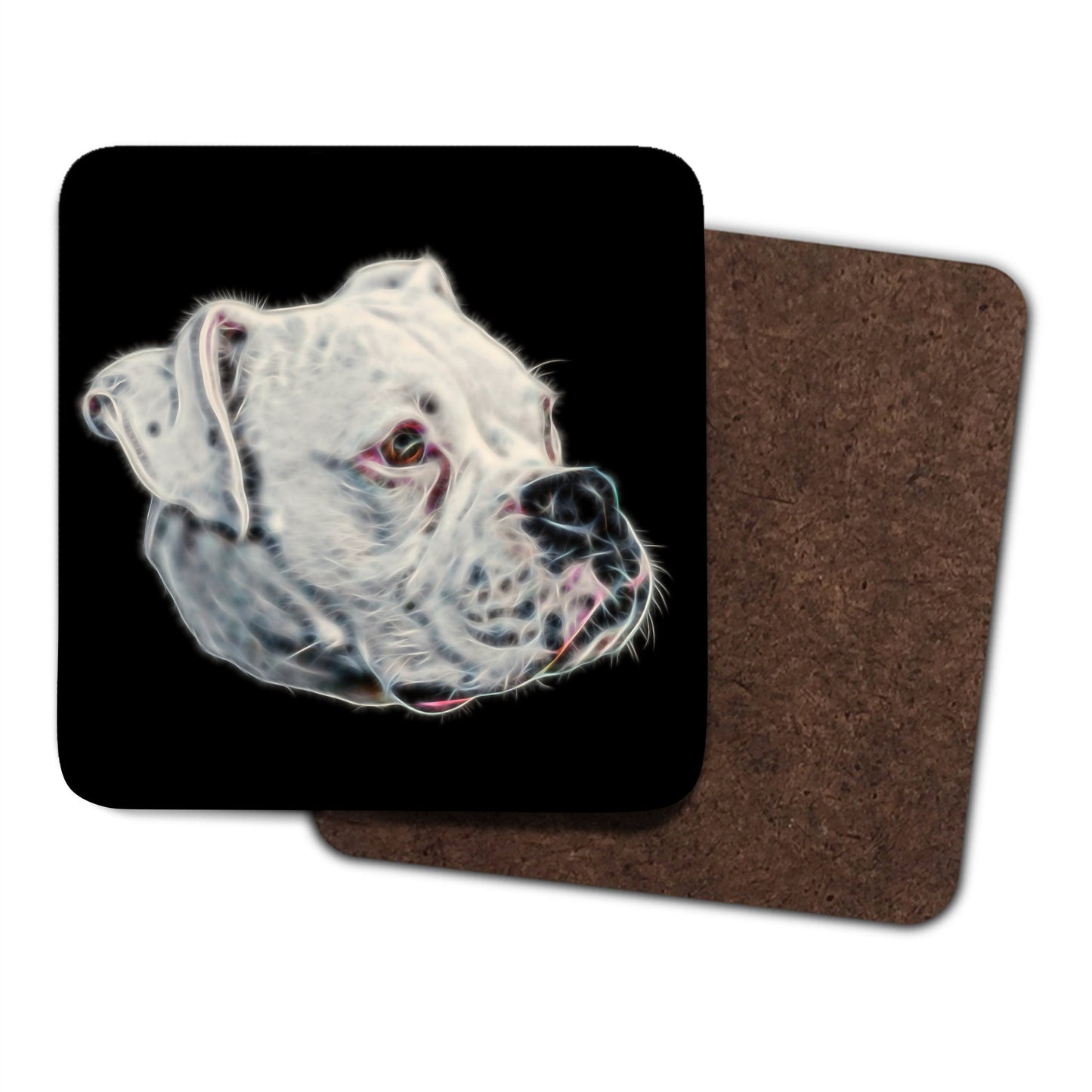 White Boxer Dog Coasters, Set of 2, with Stunning Fractal Art Design.