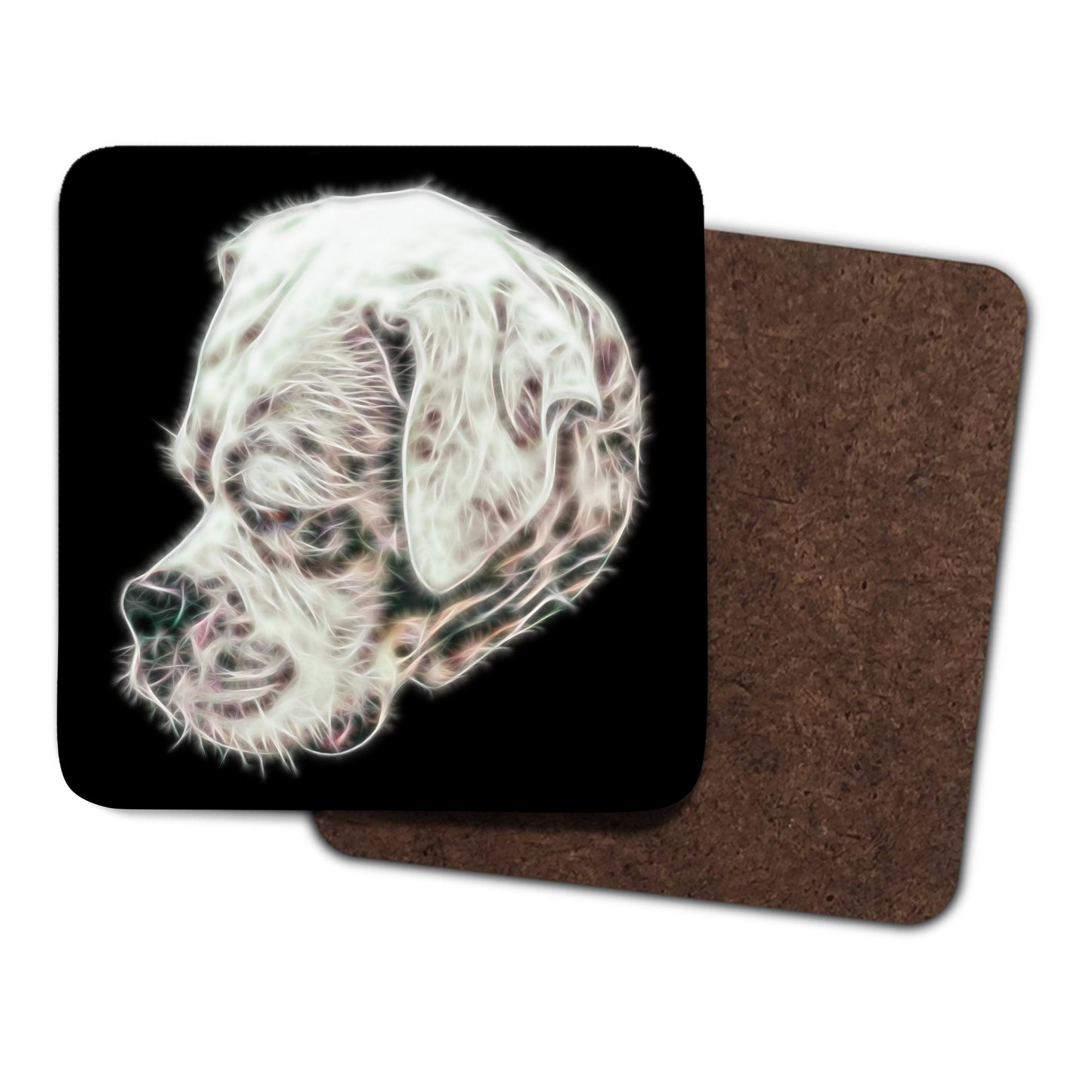 White Boxer Dog Coasters, Set of 2, with Stunning Fractal Art Design.