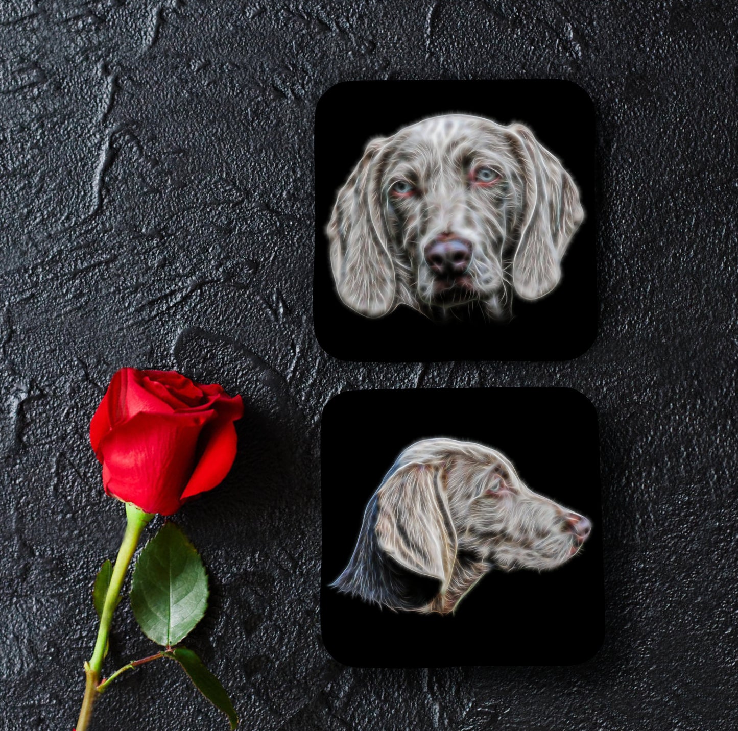 Weimaraner Coasters, Set of 2, with Fractal Art Design.