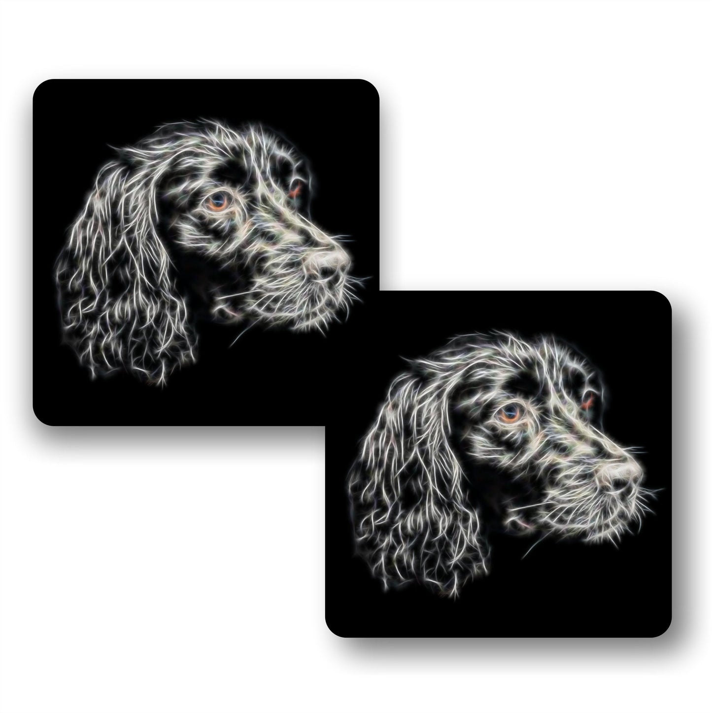Black Sprocker Spaniel Coasters, Set of 2, with Fractal Art Design.