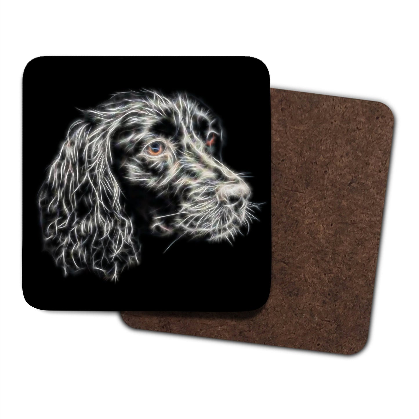 Black Sprocker Spaniel Coasters, Set of 2, with Fractal Art Design.