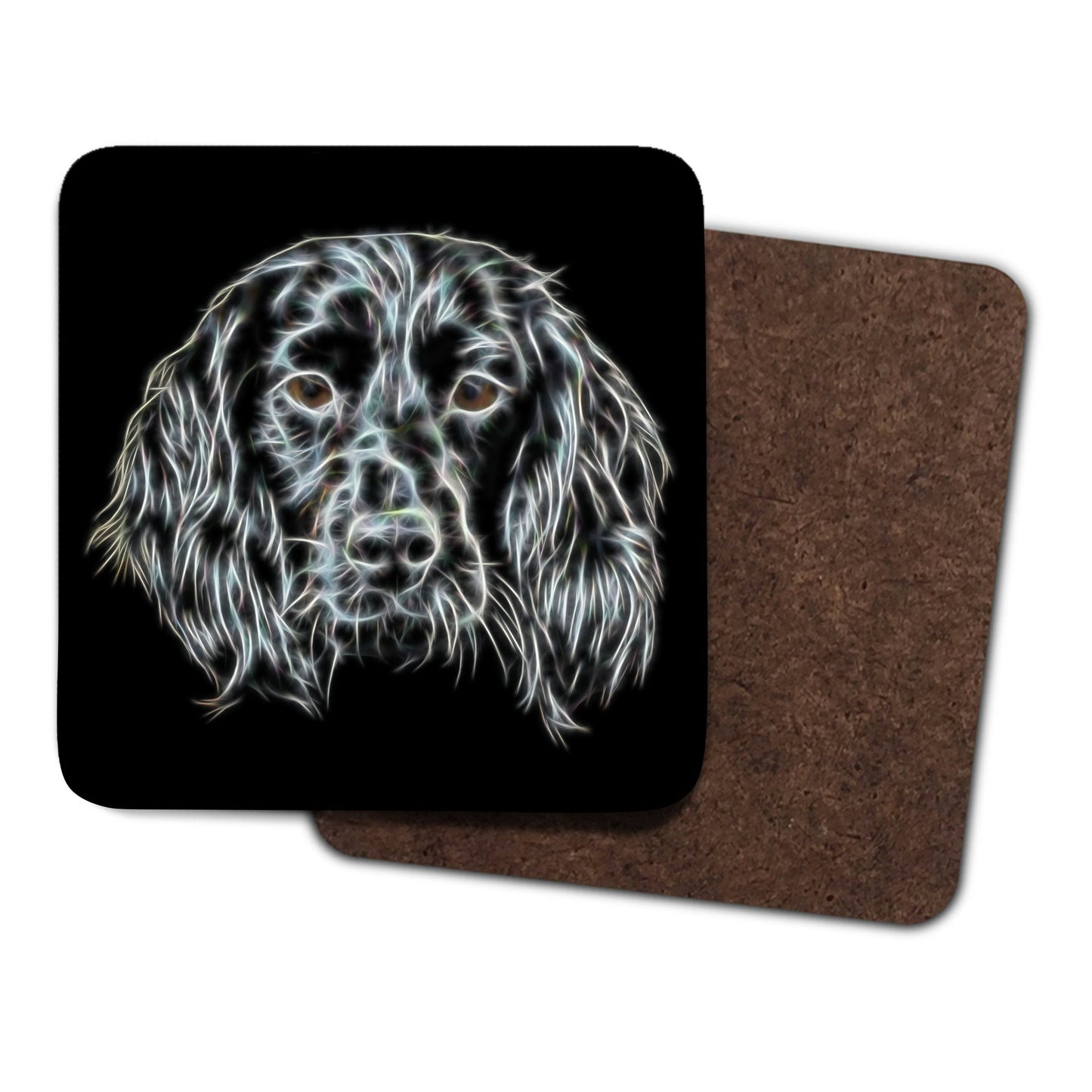 Black Sprocker Spaniel Coasters, Set of 2, with Fractal Art Design.