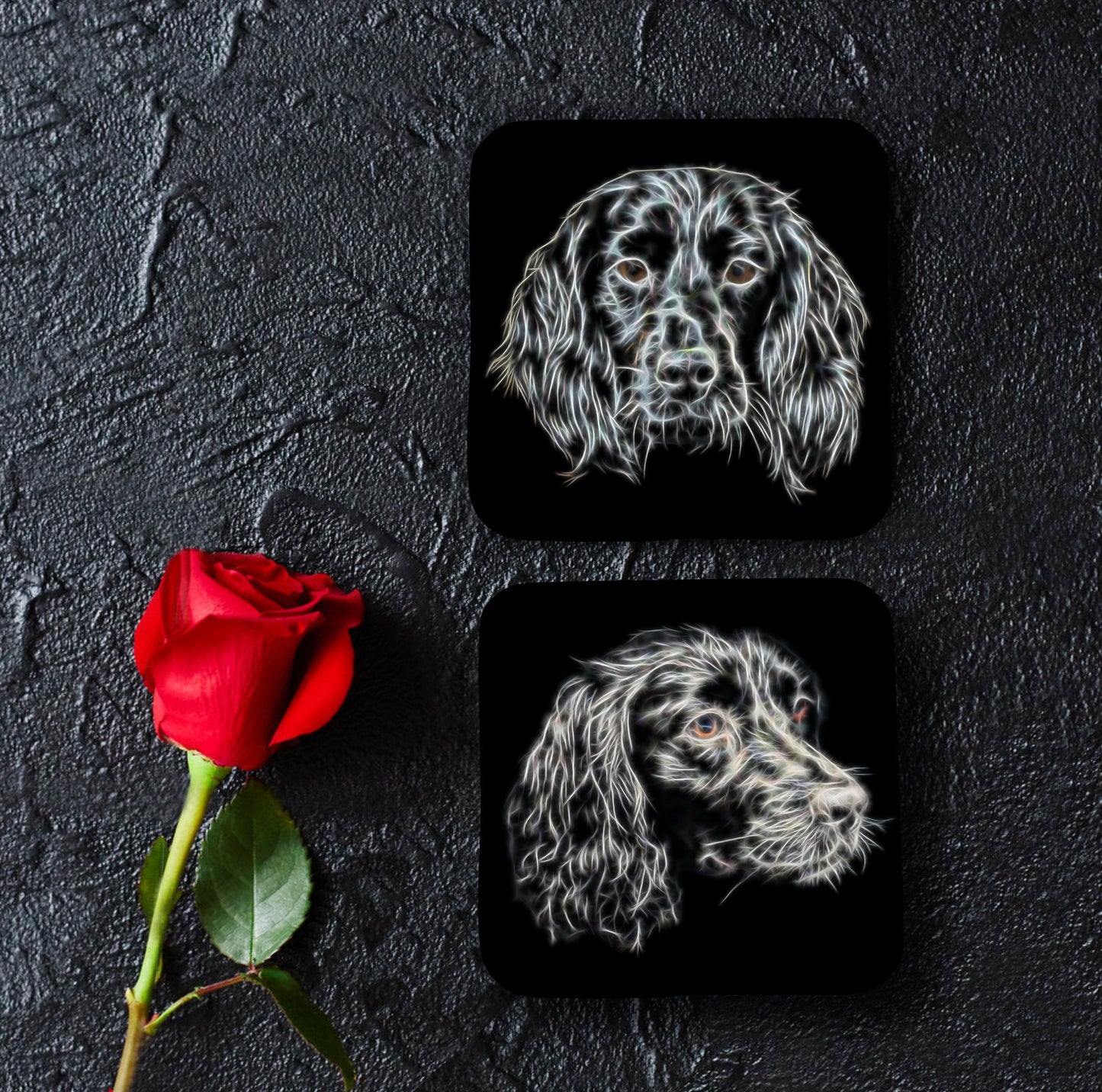 Black Sprocker Spaniel Coasters, Set of 2, with Fractal Art Design.