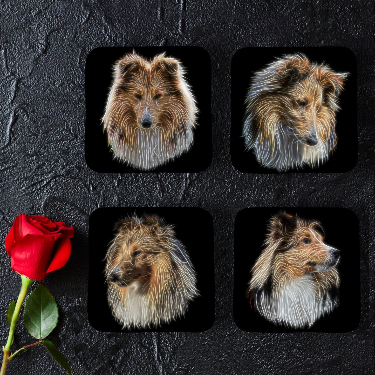Shetland Sheepdog Coasters, Set of 4, with Stunning Fractal Art Design. Perfect Dog Owner Gift.