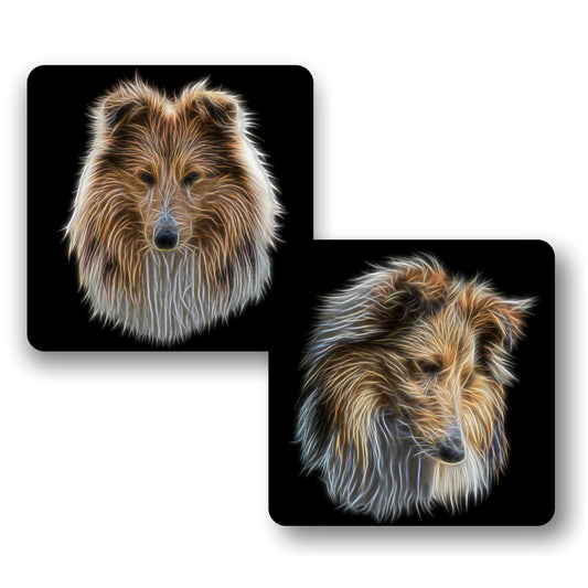 Shetland Sheepdog Coasters, Set of 2, with Stunning Fractal Art Design. Perfect Dog Owner Gift.