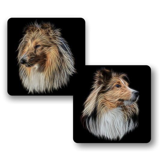 Shetland Sheepdog Coasters, Set of 2, with Stunning Fractal Art Design. Perfect Dog Owner Gift.