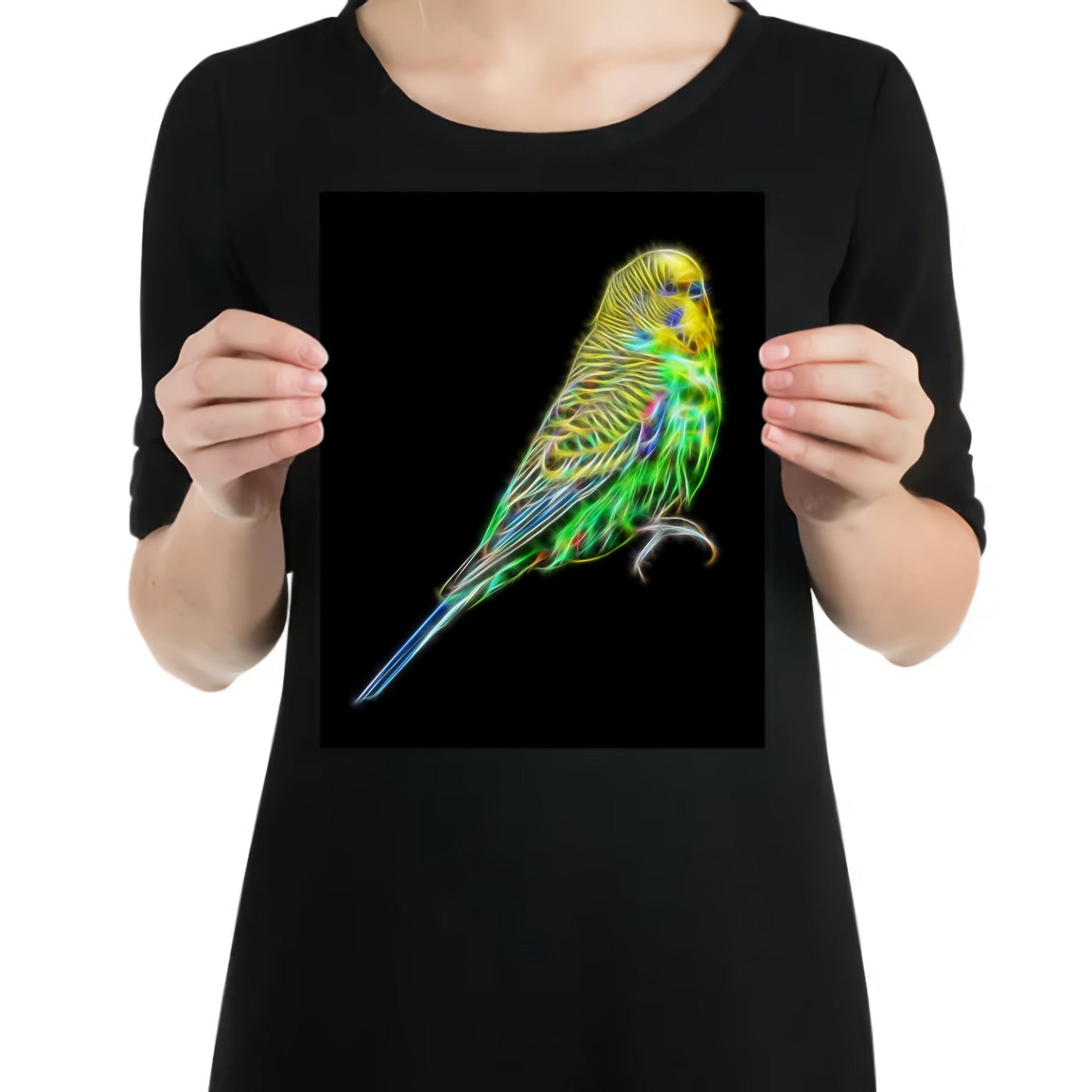 Budgie Print with Stunning Fractal Art Design. Blue or Green Budgerigar available.
