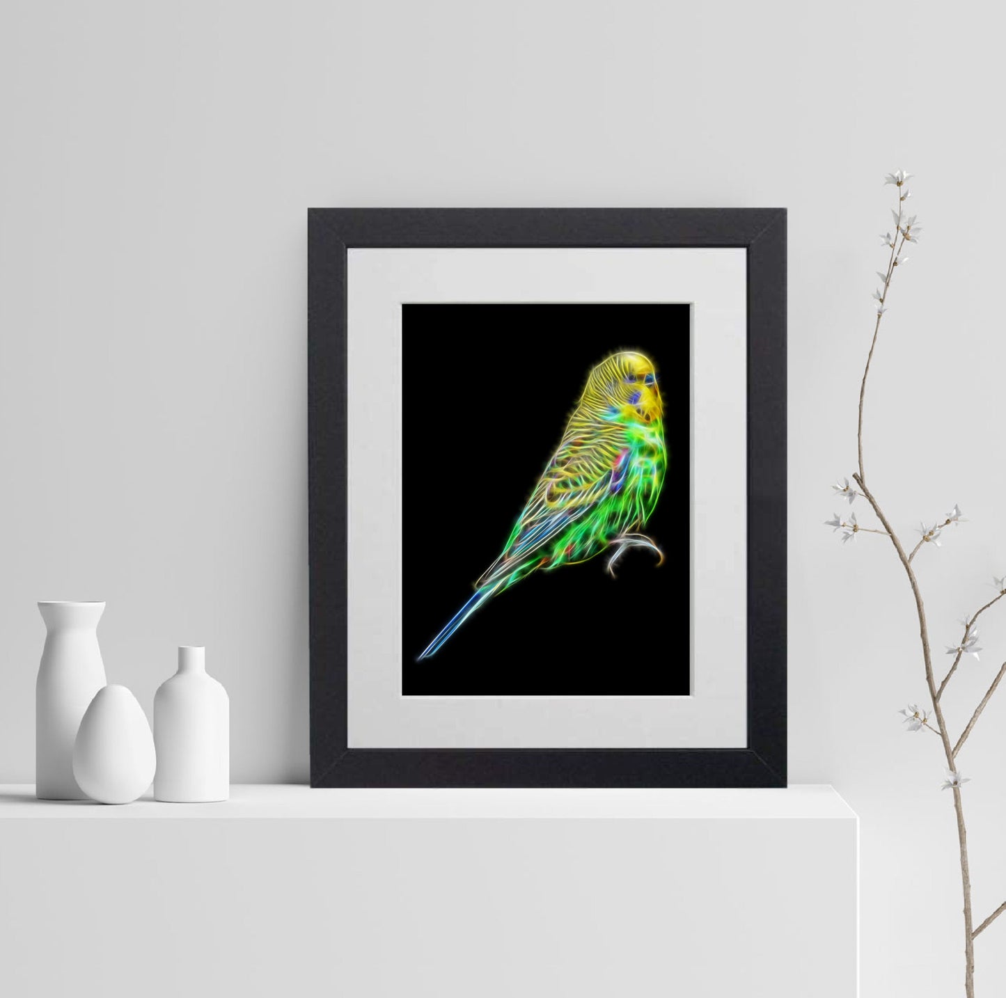 Budgie Print with Stunning Fractal Art Design. Blue or Green Budgerigar available.