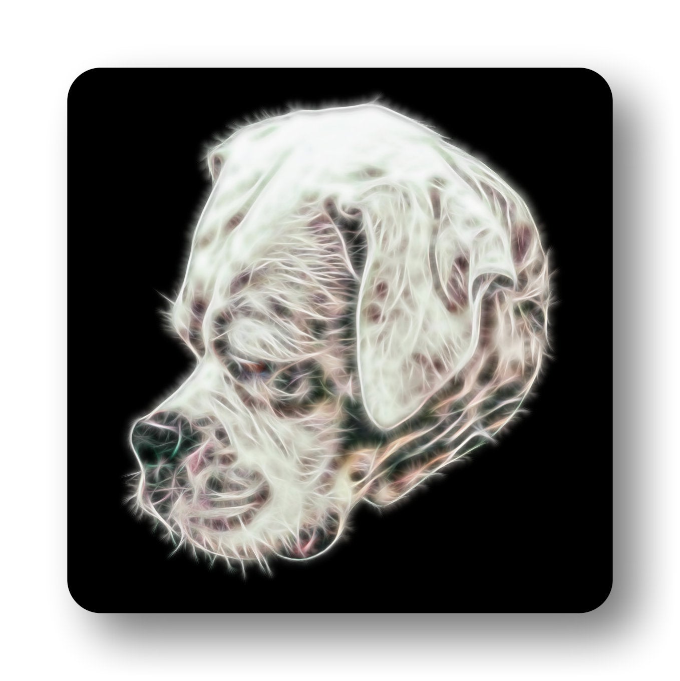 White Boxer Dog Coasters, Set of 2, with Stunning Fractal Art Design.