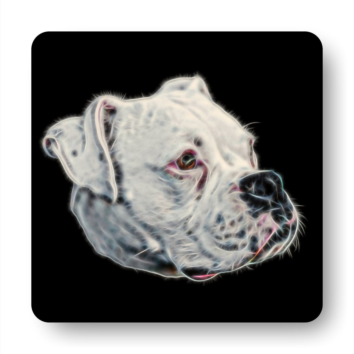 White Boxer Dog Coasters, Set of 2, with Stunning Fractal Art Design.